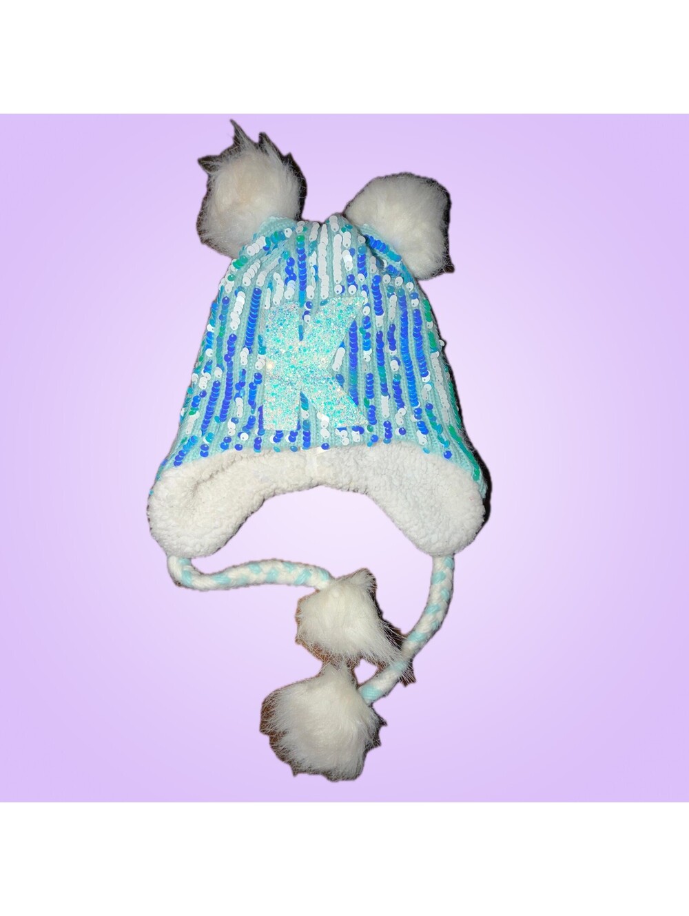 Justice Girls One Size Blue Sequin Trapper Hat with Glitter K Initial